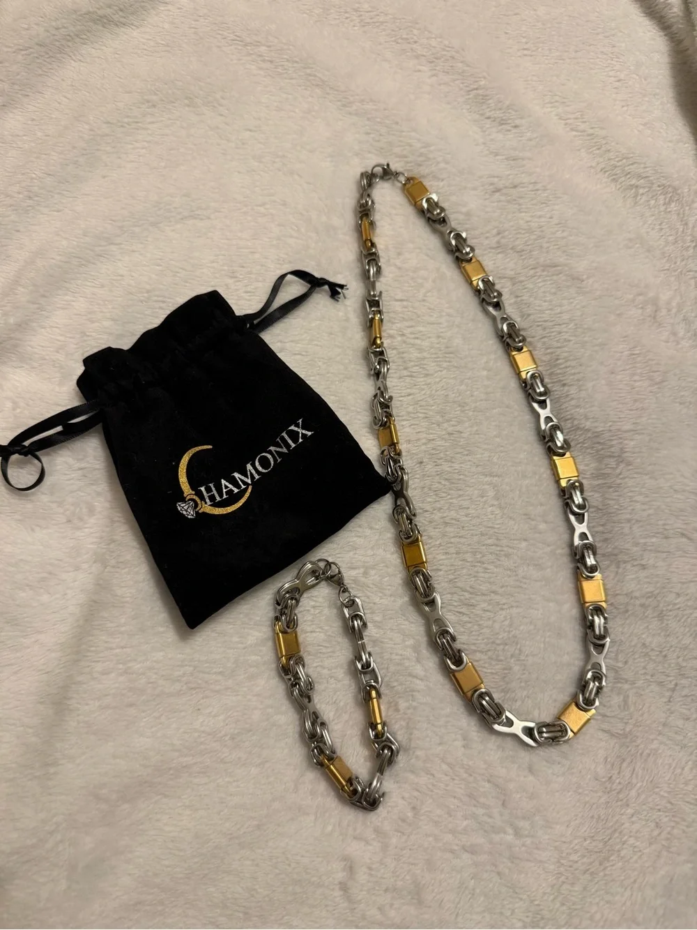 Chamonix Two-Tone Men's Necklace and Bracelet Set in Silver and Gold